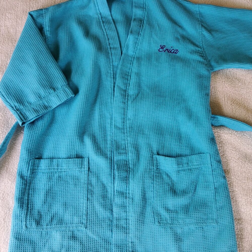 Embroidered "Erica" Waffle Weave Kimono RobeKimono Thigh Length Robe - Picture 7 of 9